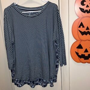 Ann Taylor LOFT Blue and White Striped Top With Floral Patterned Back XL